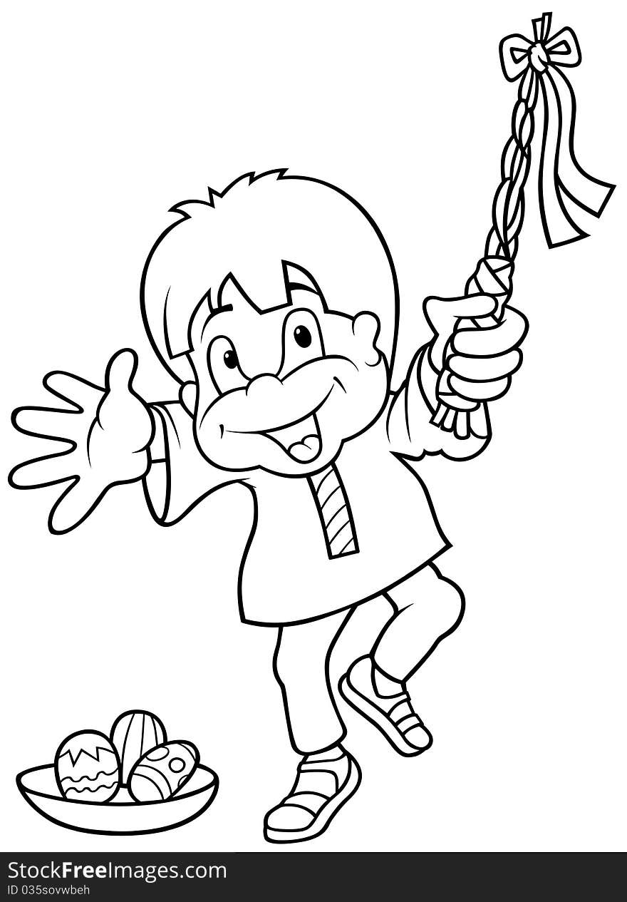 Boy and Easter - Black and White Cartoon illustration, Vector