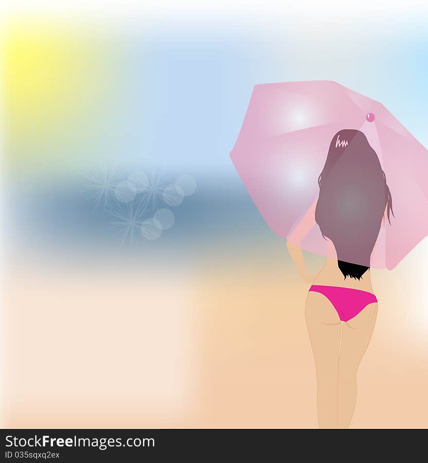 The beautiful girl in a bathing suit looks at the sea and a beach. The beautiful girl in a bathing suit looks at the sea and a beach