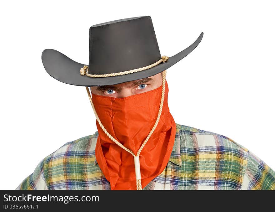 One man in cowboy dress and hat. Shooting in the studio. One man in cowboy dress and hat. Shooting in the studio.