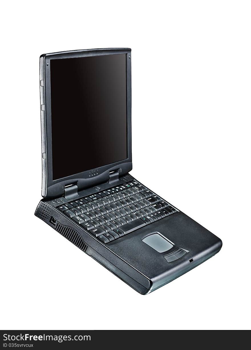 Black portable computer. Front view. Black screen Side view. Black portable computer. Front view. Black screen Side view.