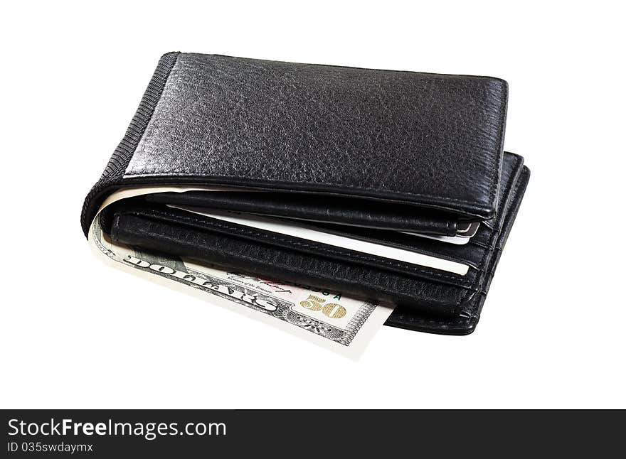 Black leather Wallet with cards and cash isoalted on white background