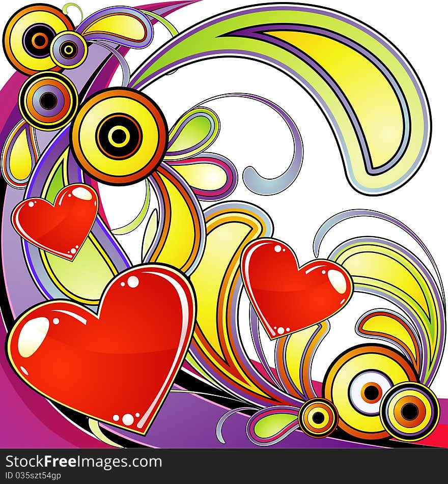 Funky styled composition with red hearts, swirls and circles. Funky styled composition with red hearts, swirls and circles