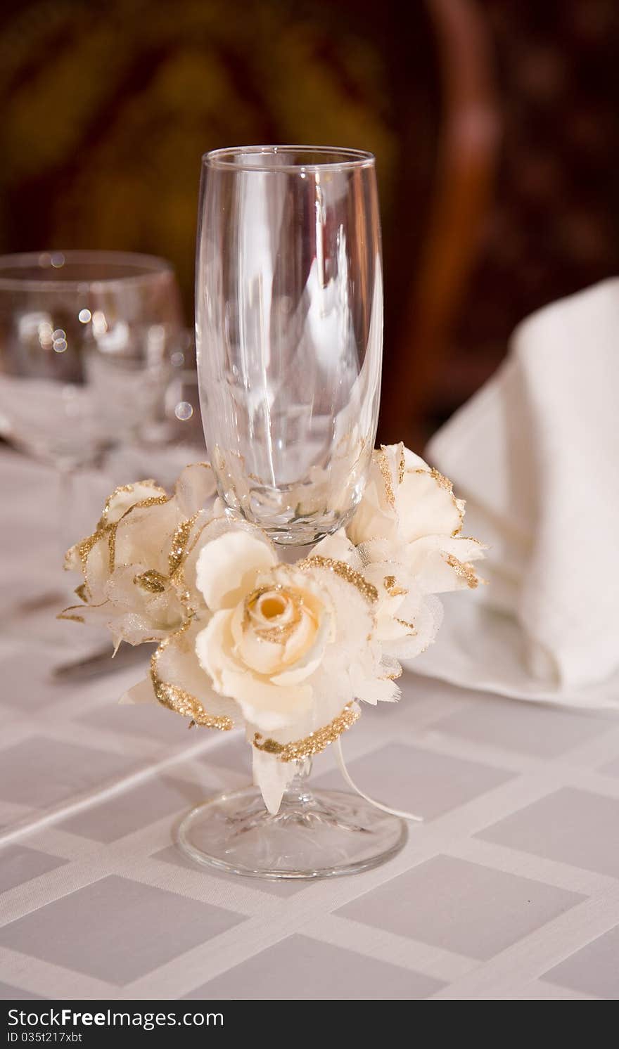 The wedding table is covered in day of celebrating of wedding. The wedding table is covered in day of celebrating of wedding