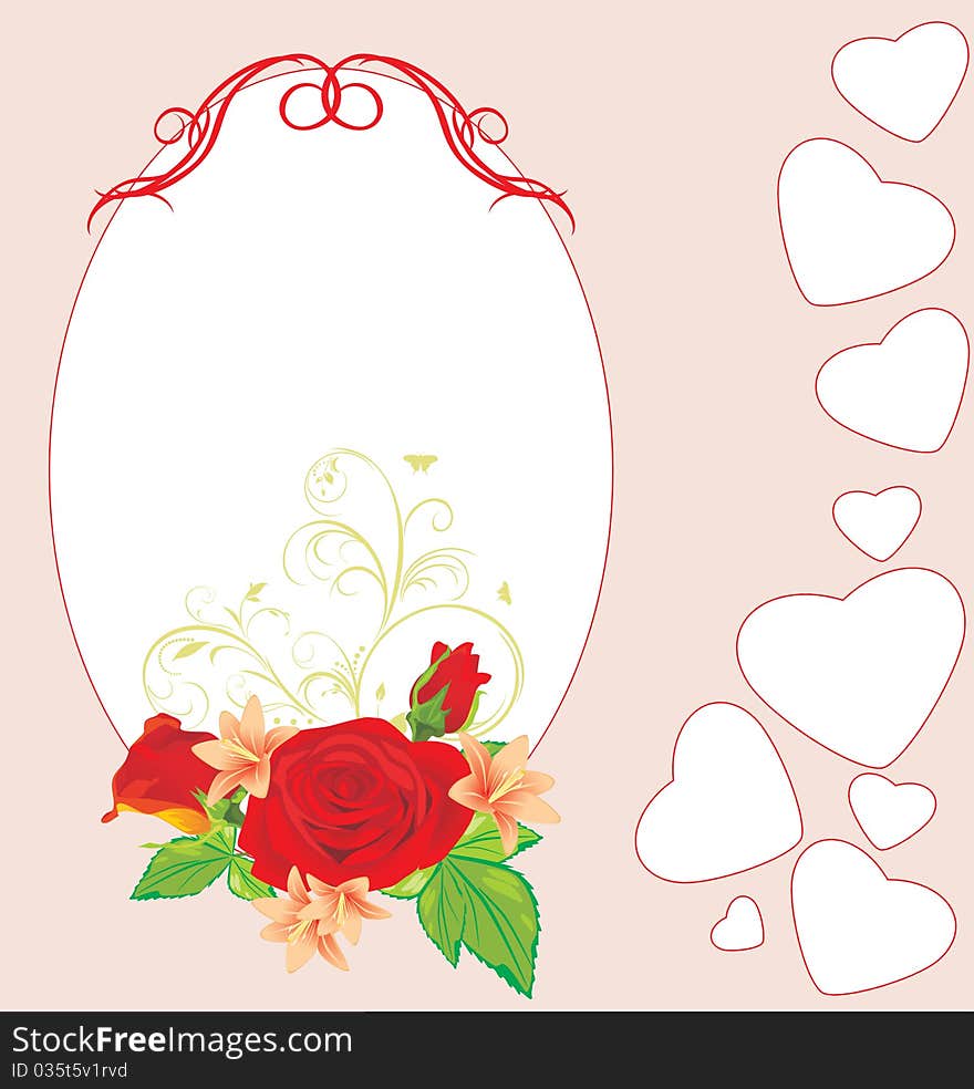 Bouquet of roses and lilies with hearts. Card