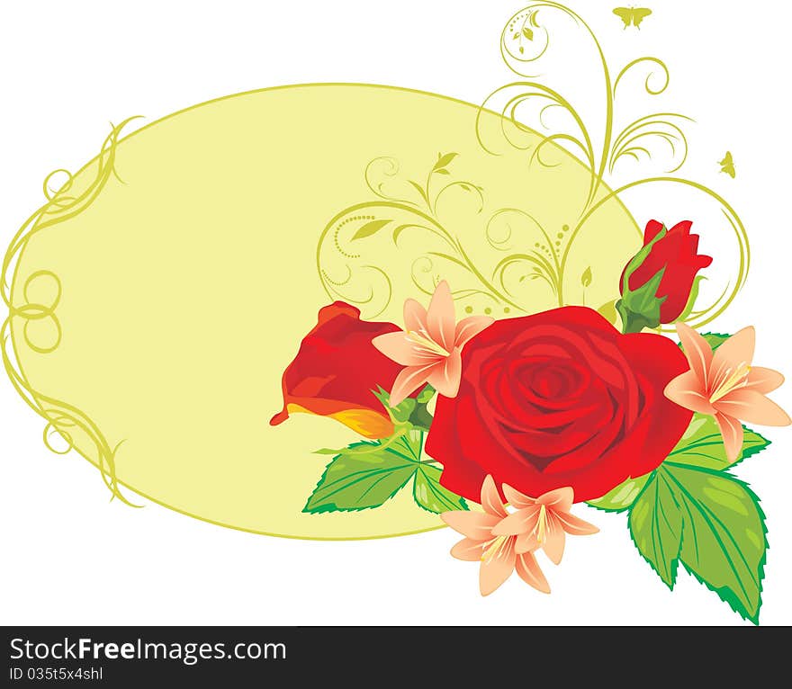 Bouquet of roses and lilies in the decorative frame. Illustration