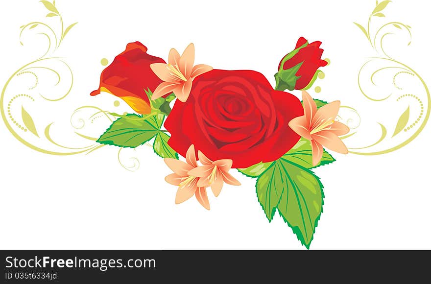 Bouquet of roses and lilies with ornament. Illustration