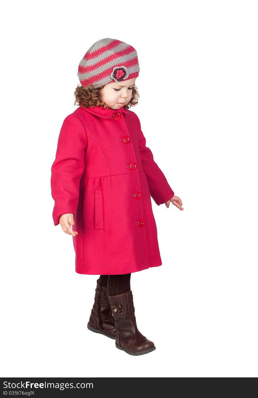 Smiling baby girl with pink coat isolated over white background