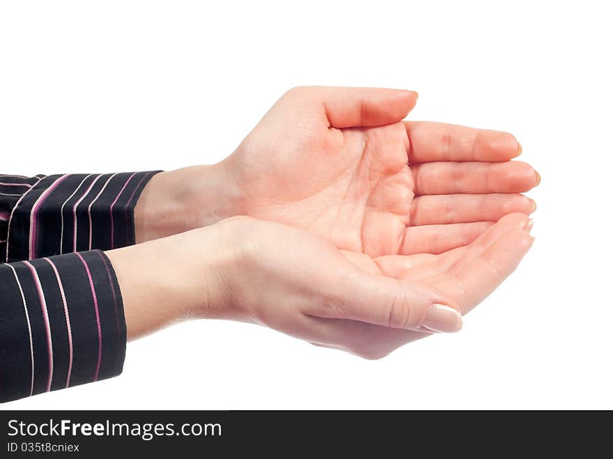 Beautiful woman's hands open. Isolated on white background