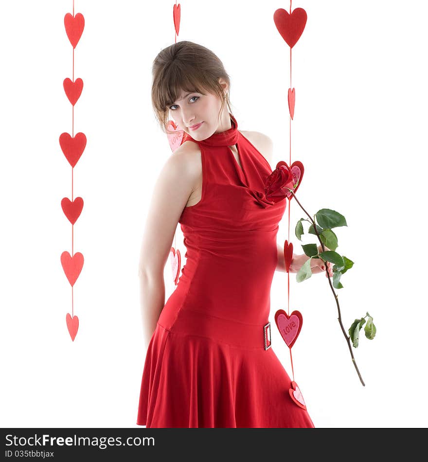 Girl in red dress with rose