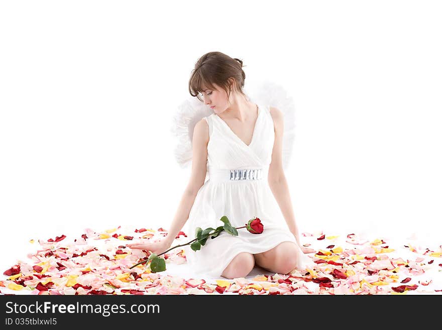 Girl in white dress and wings sitting in petals