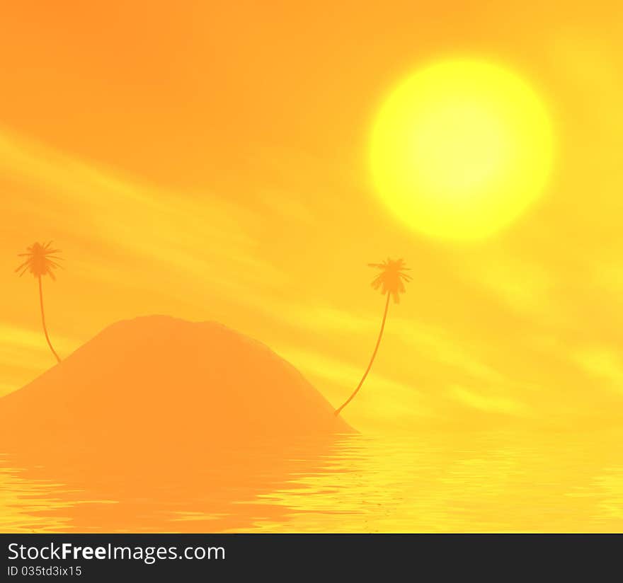 Seascape island with palm trees, clouds and sun in the sky. 3d computer modeling