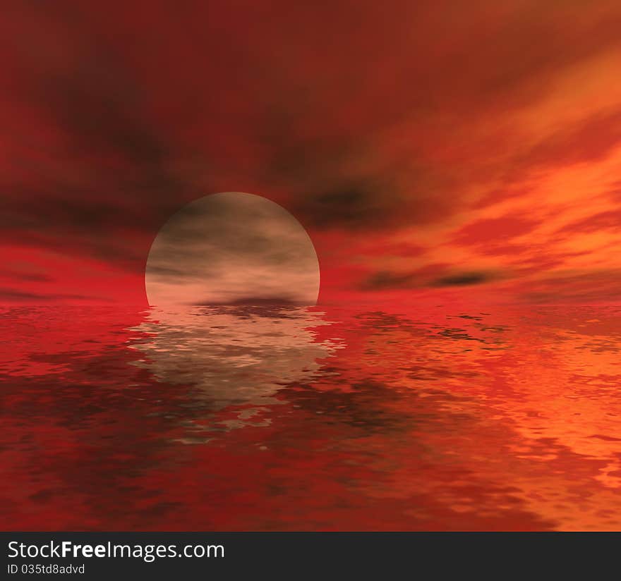 Marine landscape with clouds and sun on the burgundy sky. 3d computer modeling