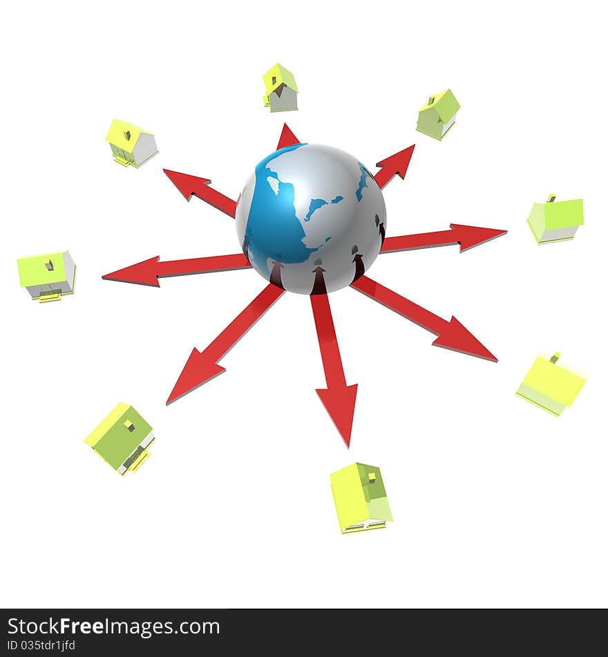 The globe from which depart the arrow to the models of houses. 3d computer modeling