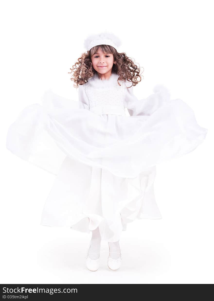 Beautiful little princess in white jumping. Beautiful little princess in white jumping