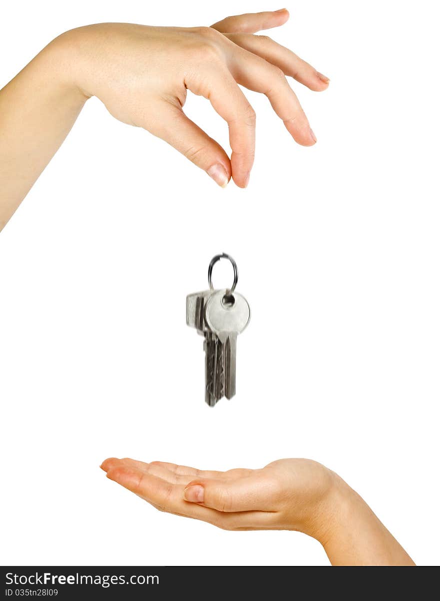 Business concept. Two woman's hands on white background