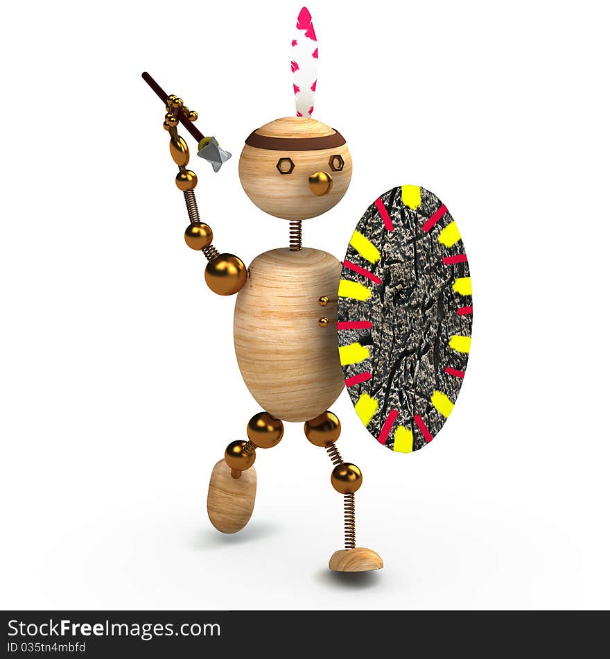 Wood man indian with spear 3d rendered
