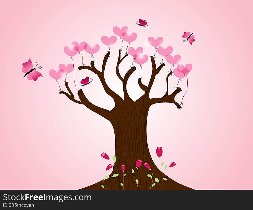 Vector picture with tree and heart balloons. Vector picture with tree and heart balloons