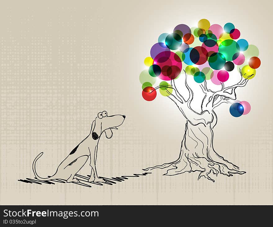 Vector hand drawn picture with a dog looking at absract tree. Vector hand drawn picture with a dog looking at absract tree