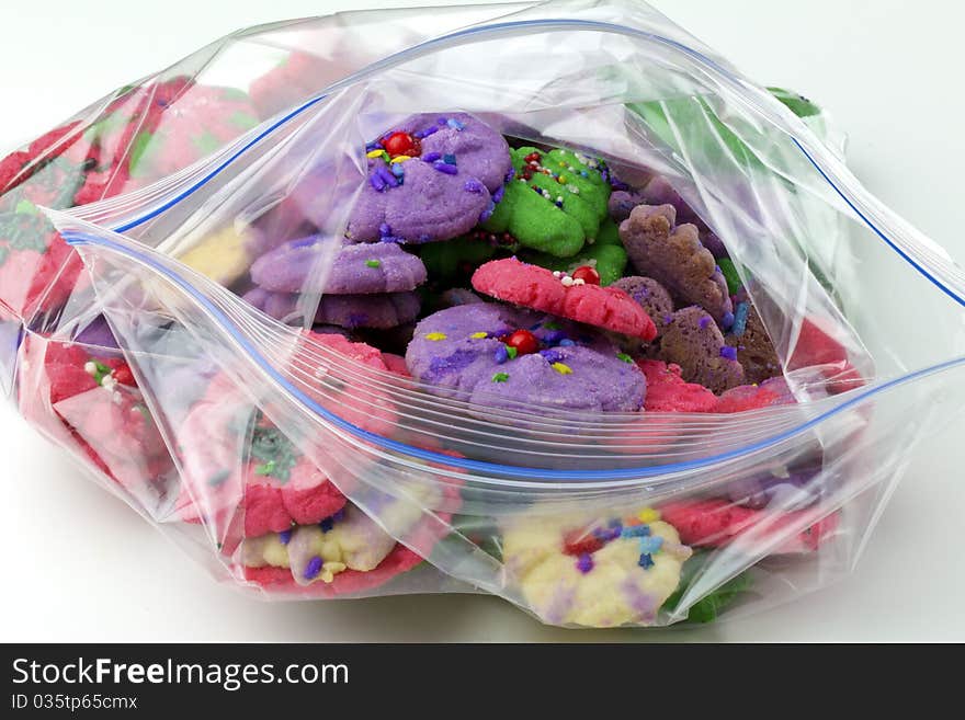 Assorted spritz cookies in a zip bag