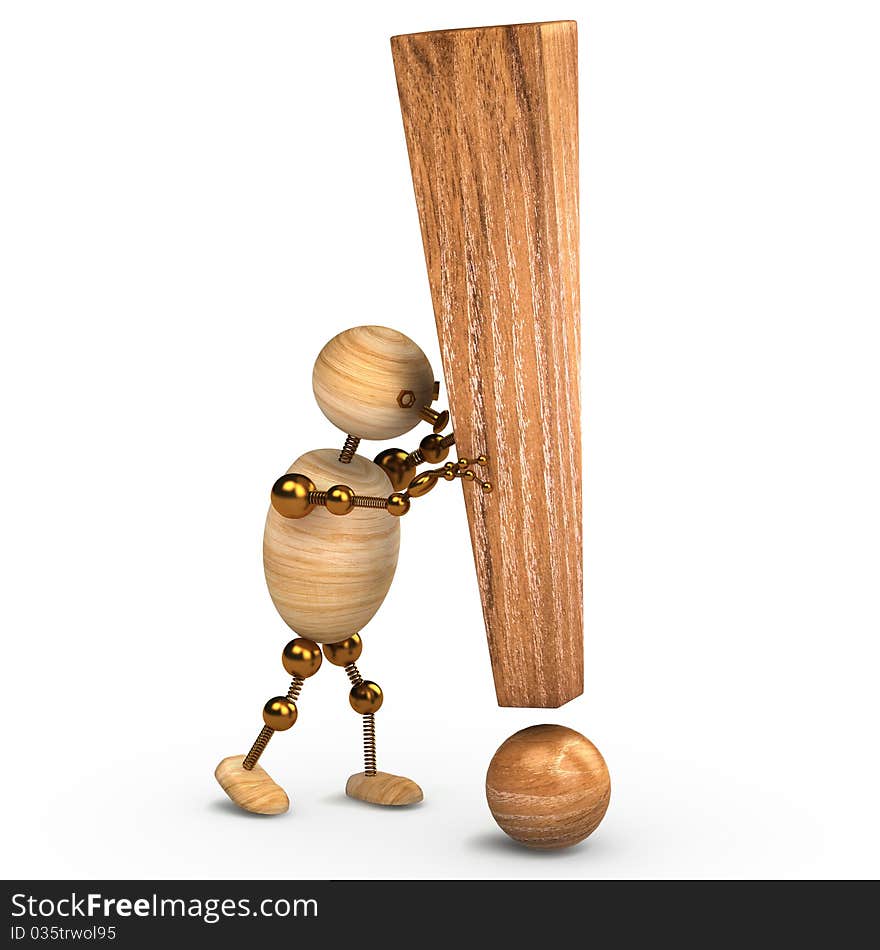 Wood man with a exclamation mark 3d rendered. Wood man with a exclamation mark 3d rendered