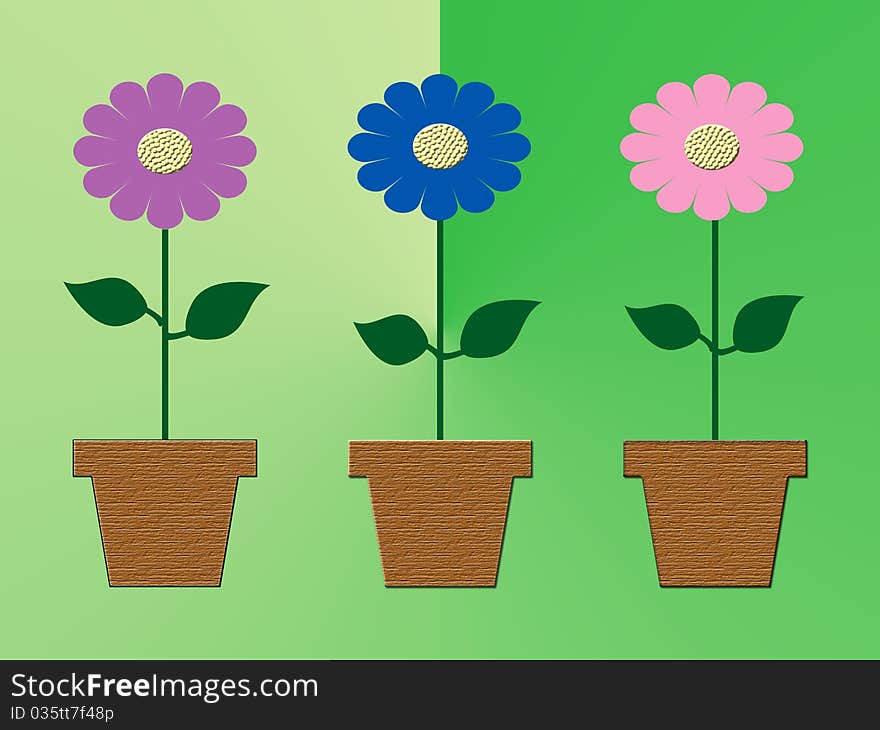 Three colorful flowers in pots on green background illustration