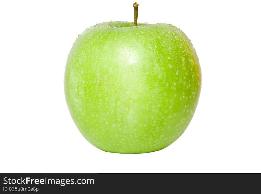 Green isolated apple with water drops on white background. Green isolated apple with water drops on white background