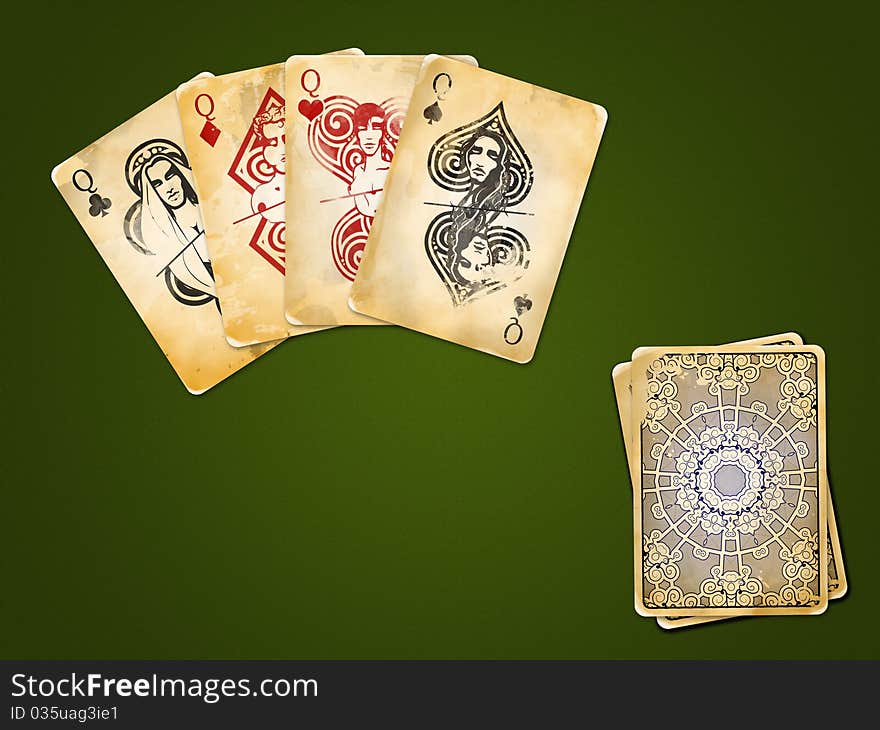 Ornamental antique four queens playing cards.