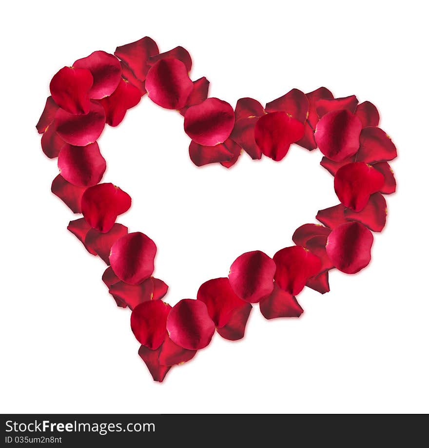 Heart of rose petals on white background