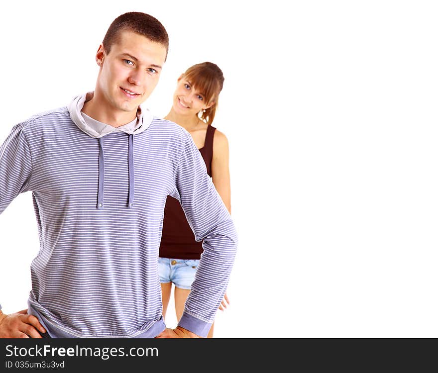 Happy smiling couple in love, over white background