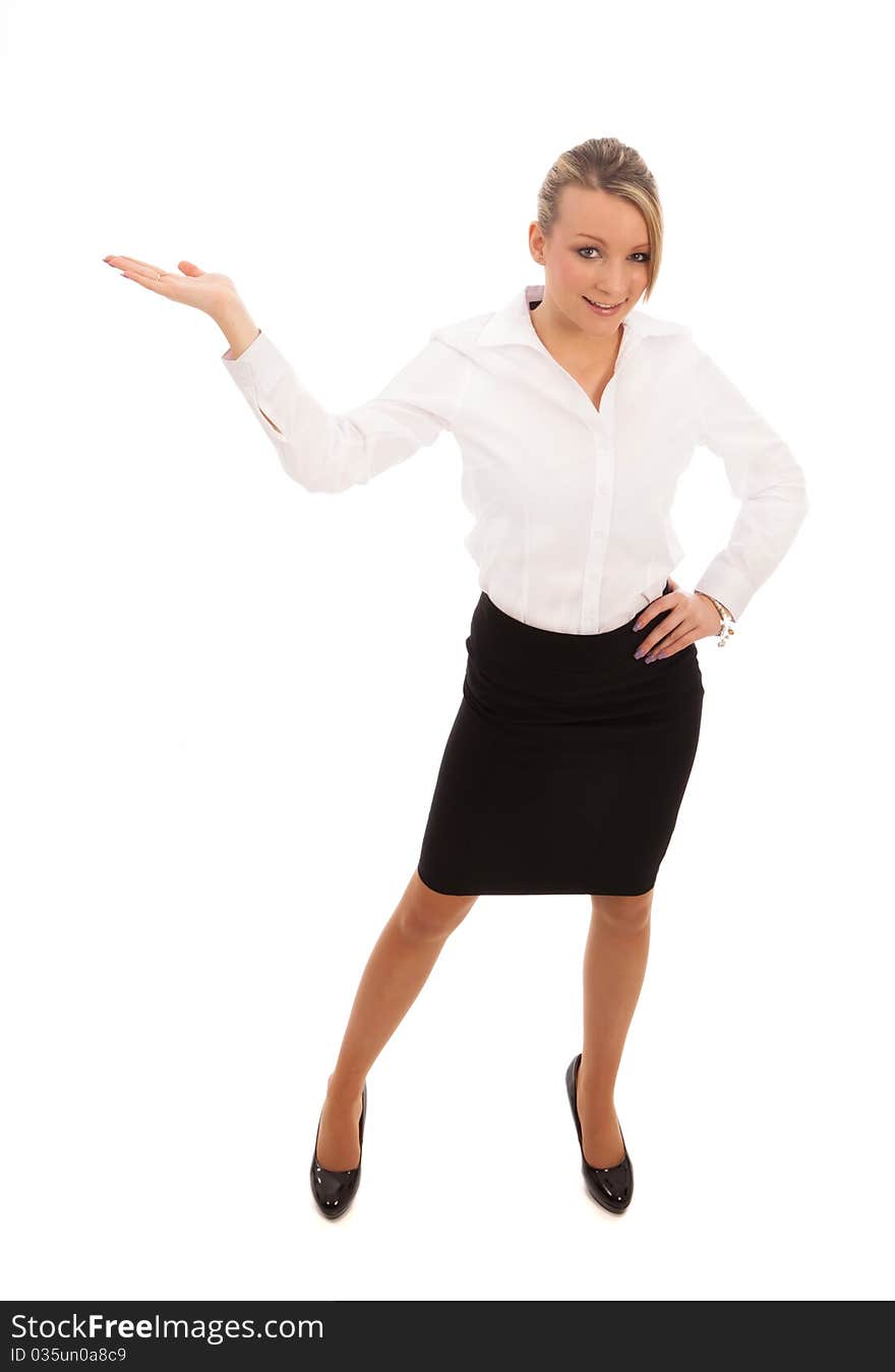 Business woman with hand held in a holding position