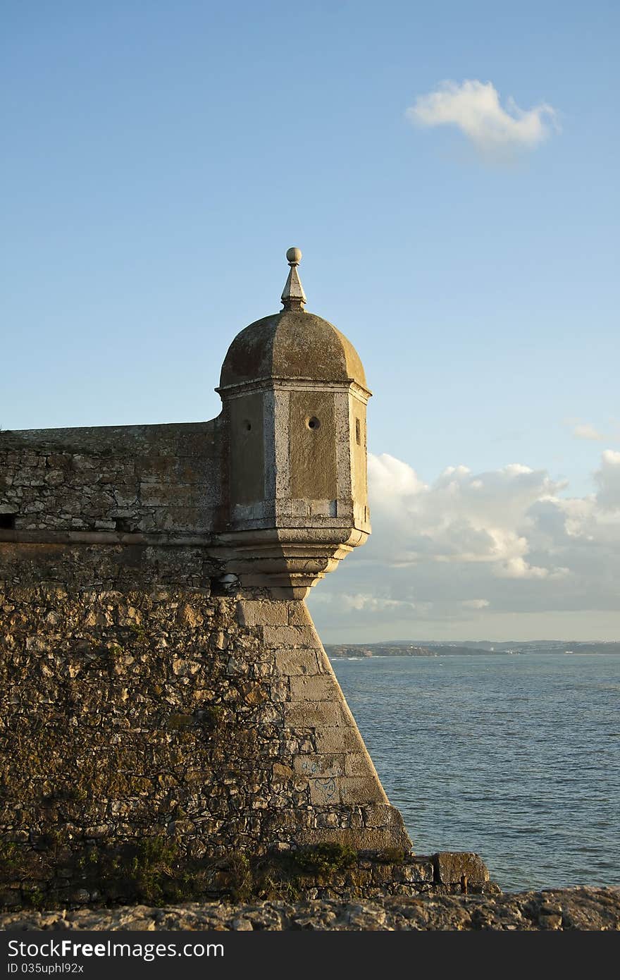 Watchtower at the fort wall, looking out over the sea, atlantic ocean blue. Watchtower at the fort wall, looking out over the sea, atlantic ocean blue.