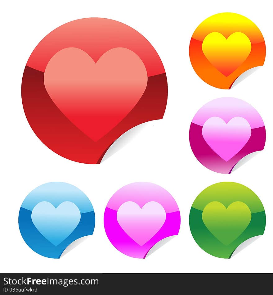 Hearts set of glossy rounded stickers with corner. Vector illustration. EPS8. Hearts set of glossy rounded stickers with corner. Vector illustration. EPS8