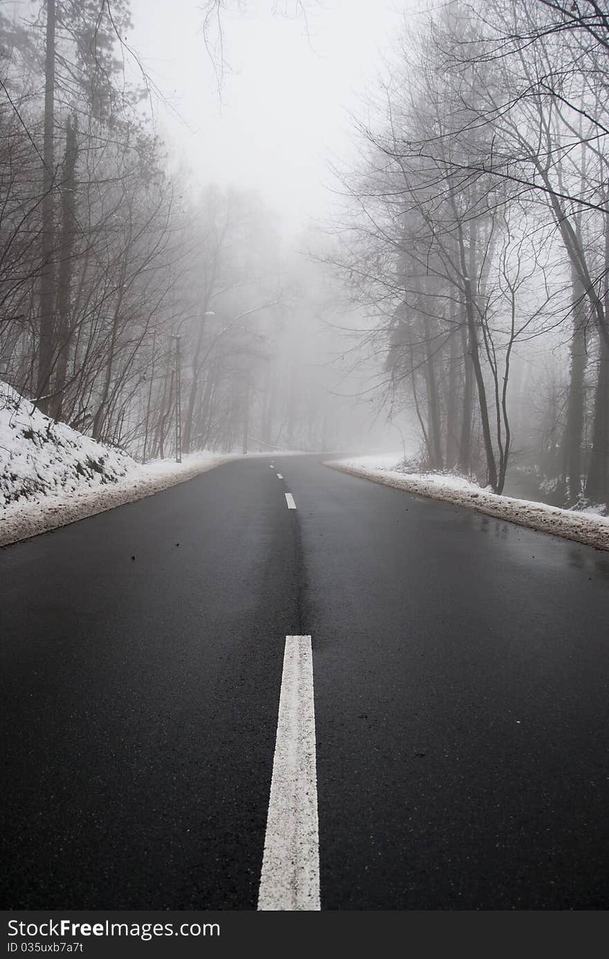 Foggy sylvan road in Lillafured