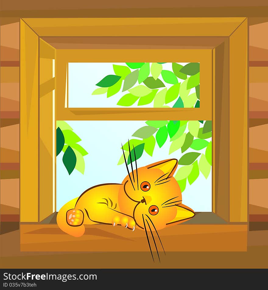 Red cat on a summer day lies on a windowsill at the open window wooden farmhouse. Red cat on a summer day lies on a windowsill at the open window wooden farmhouse