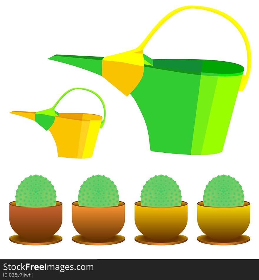 vector Watering can and cactus in a pot