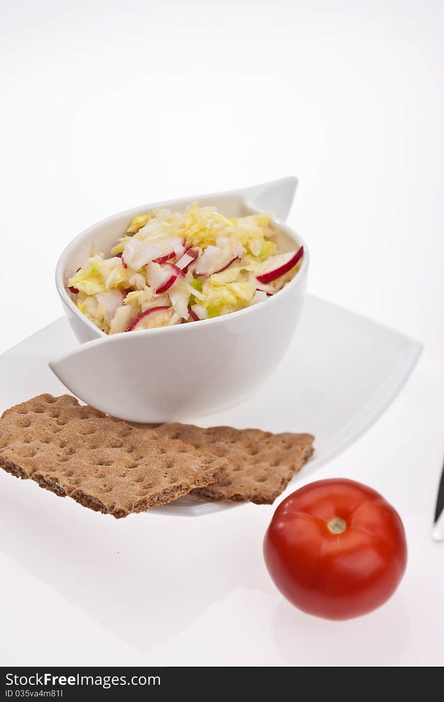 Food series: fresh summer season vegetable salad and crusty bread