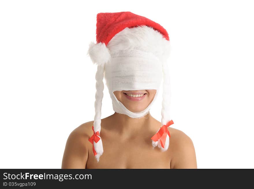 Young woman with bandaged head in Christmas cap