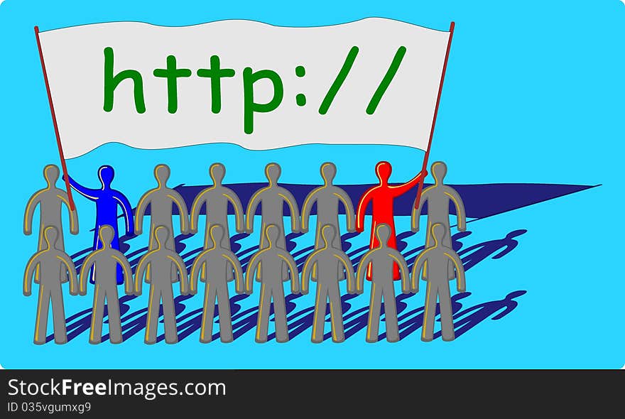 Teamwork with a big flag and http message. Teamwork with a big flag and http message