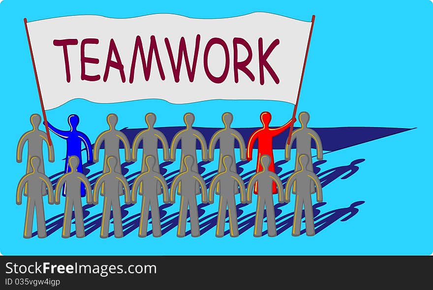 Teamwork with a big flag and teamwork message. Teamwork with a big flag and teamwork message