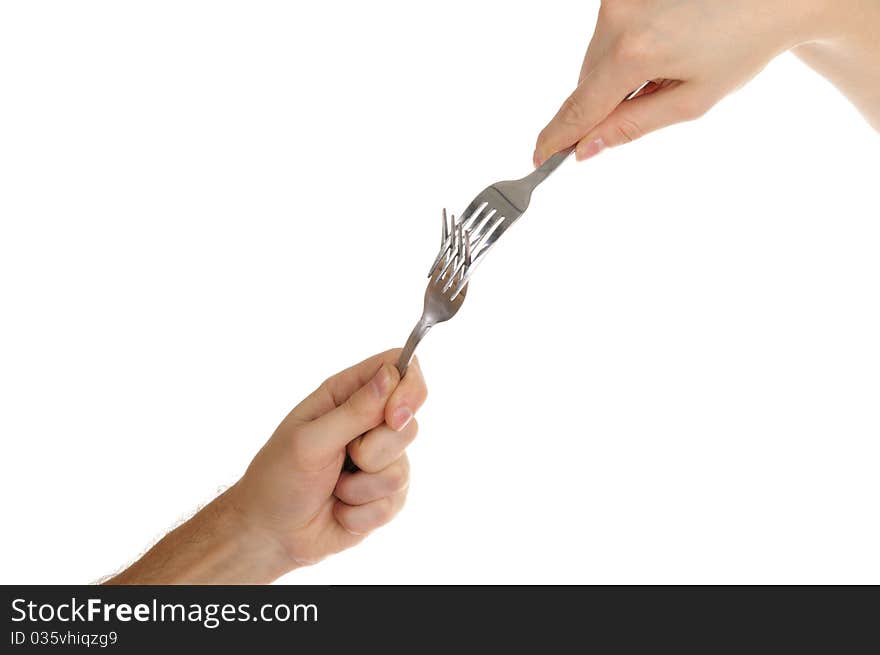 Two hands with plugs isolated in white