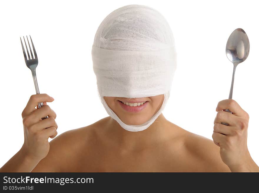 Young Woman With Bandaged Head With Plug And Spoon