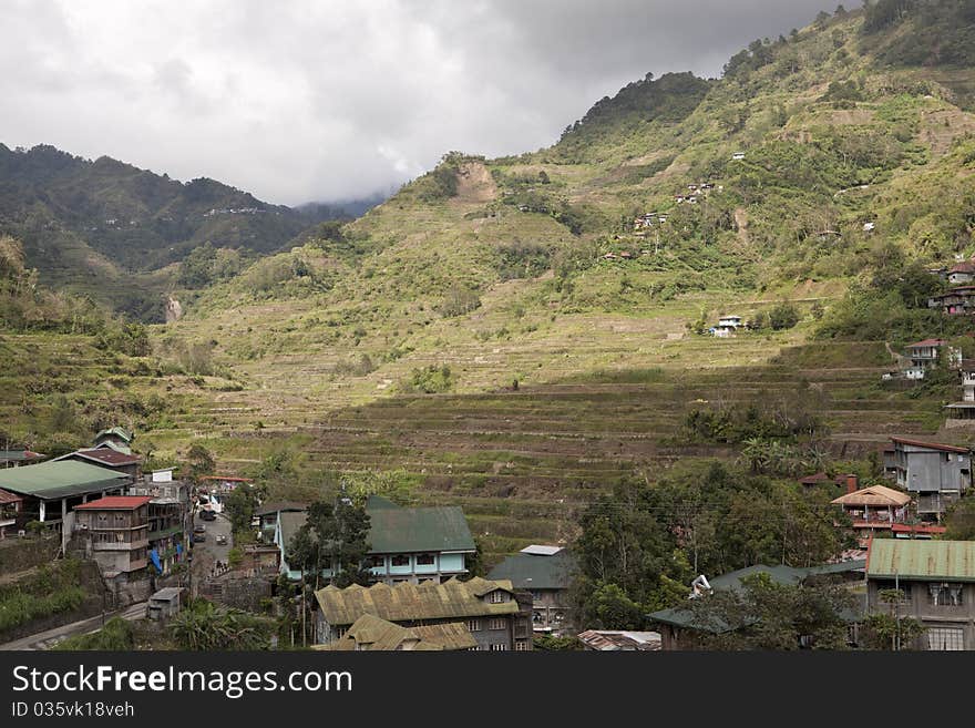 Overlooking the town of Banaue and the rice terraces in Banaue Philippines