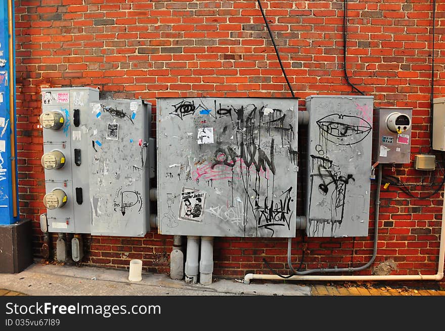 Power boxes which have been graffitied. Urban art. Power boxes which have been graffitied. Urban art