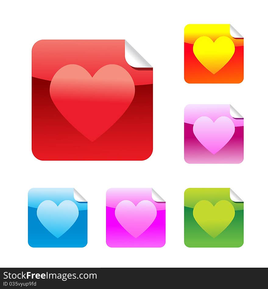 Hearts set of square glossy stickers with corner. Vector illustration. EPS8. Hearts set of square glossy stickers with corner. Vector illustration. EPS8