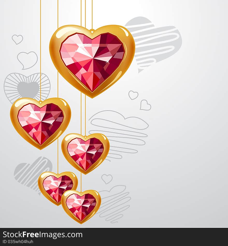 Ruby gold hearts hanging on light grey background