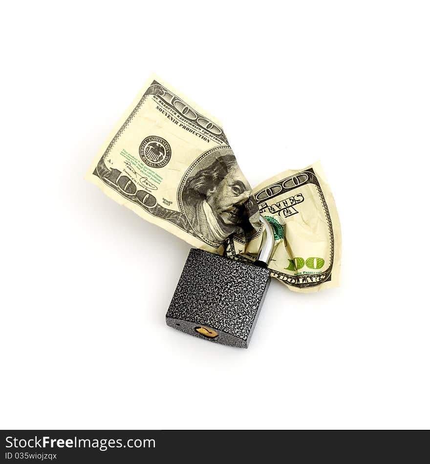 Lock and stack money isolated on white