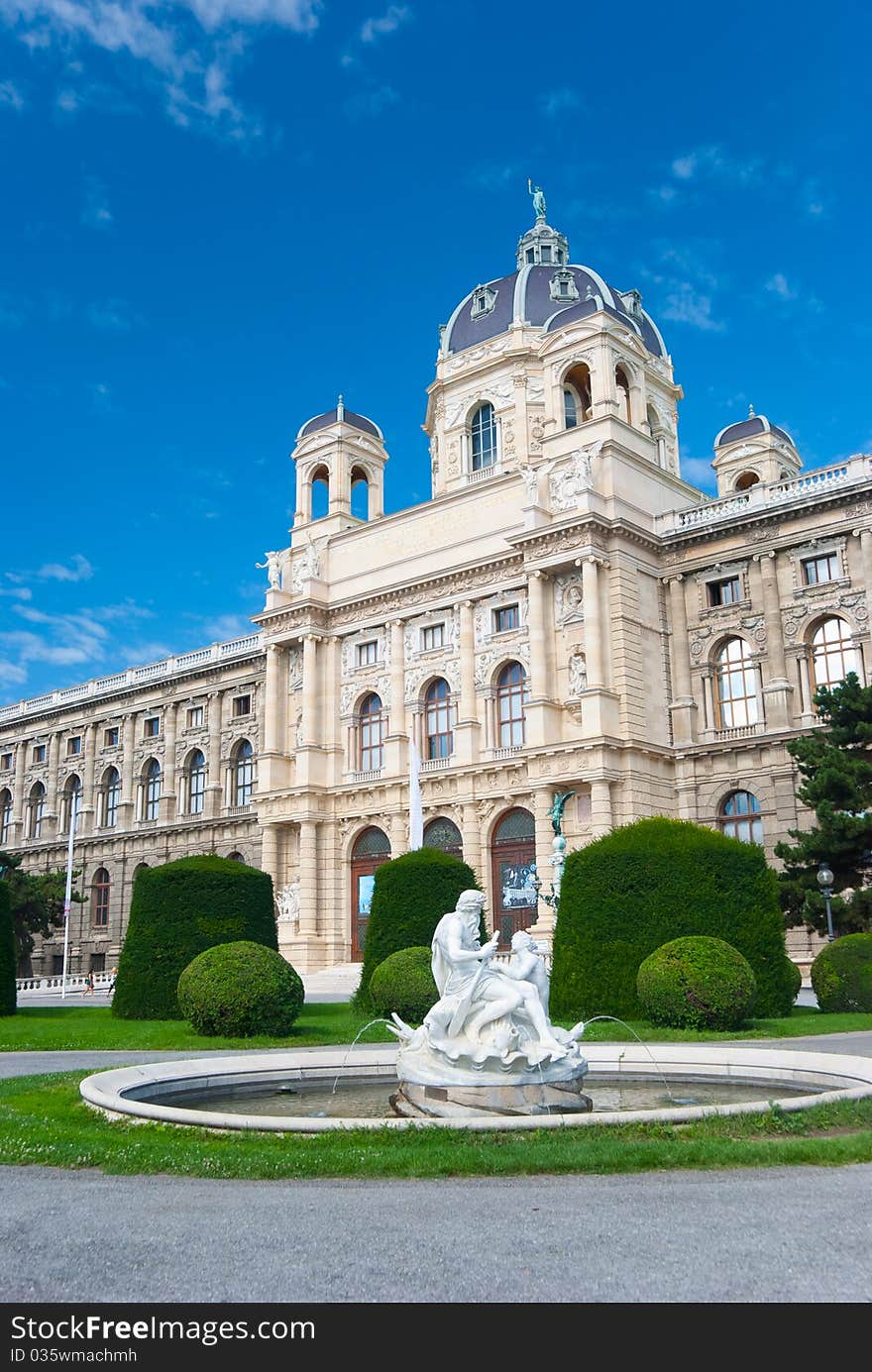 Natural History Museum, Vienna. Fountain with sculptures on foreground