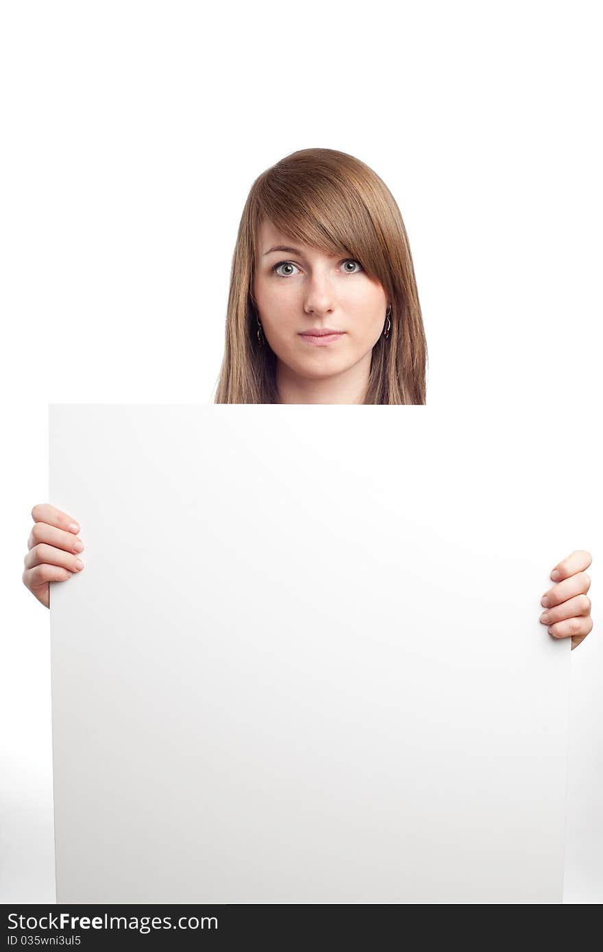 Attractive Woman With Blank Sign. Smiling.