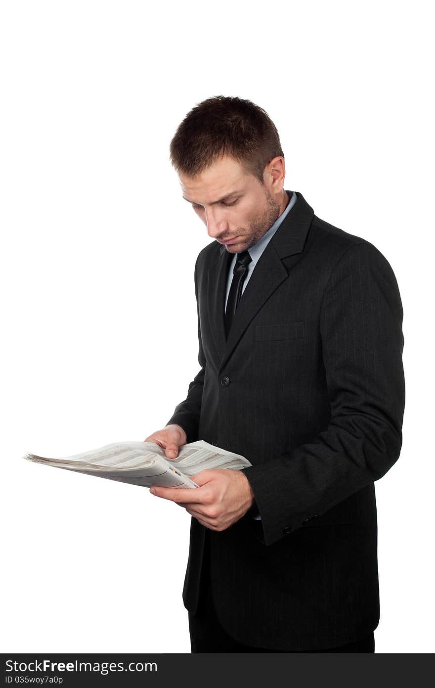 Businessman Reads Newspaper Isolated