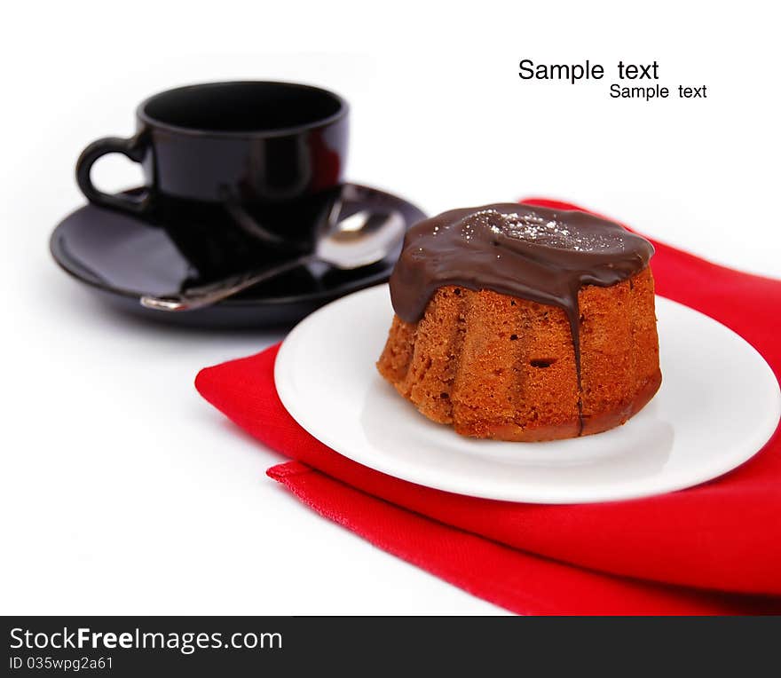 Breakfast. Chocolate cake and a cup of coffee. Breakfast. Chocolate cake and a cup of coffee